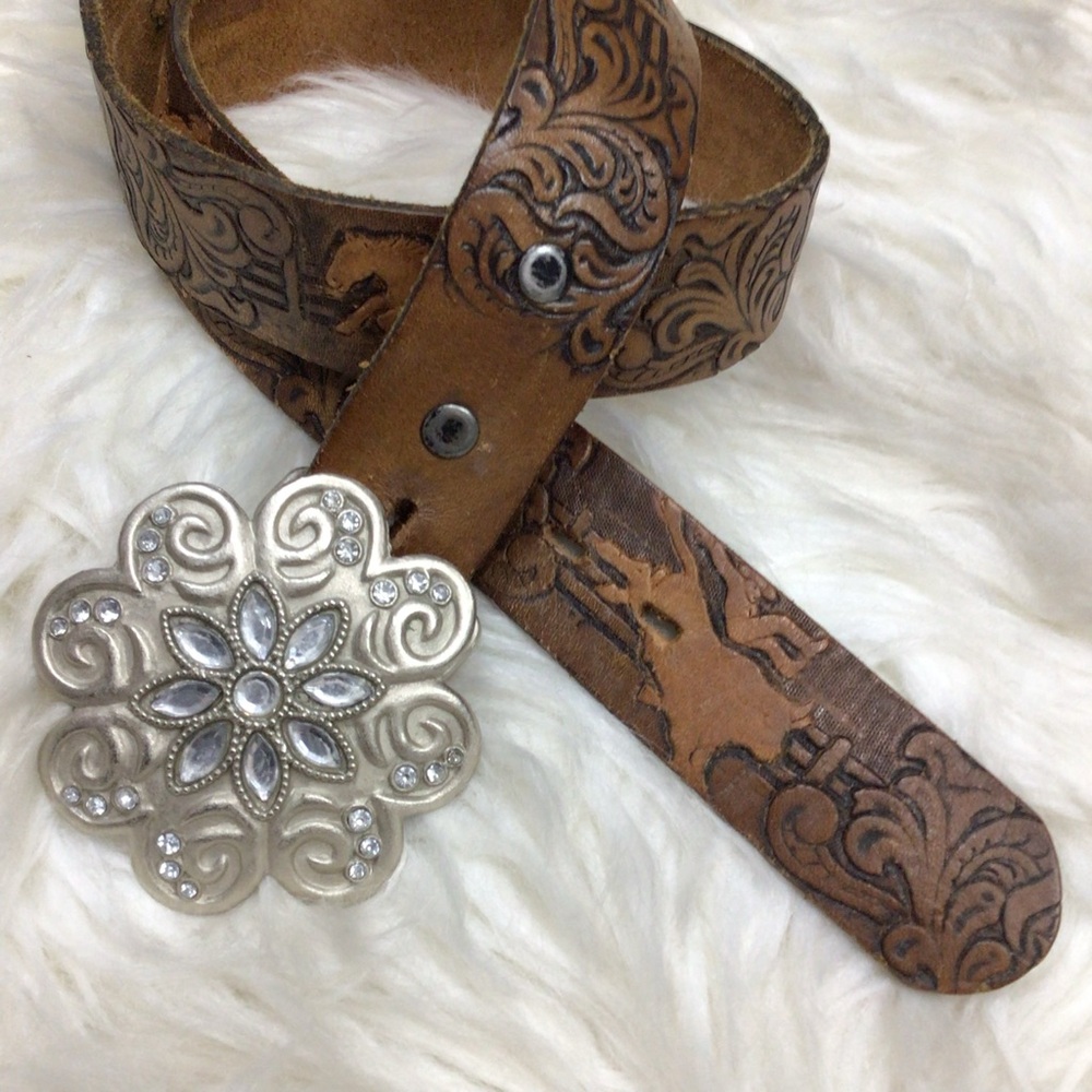 Vtg Chambers Embossed Brown Leather Belt 26 Floral Silver Buckle Rodeo Bronc